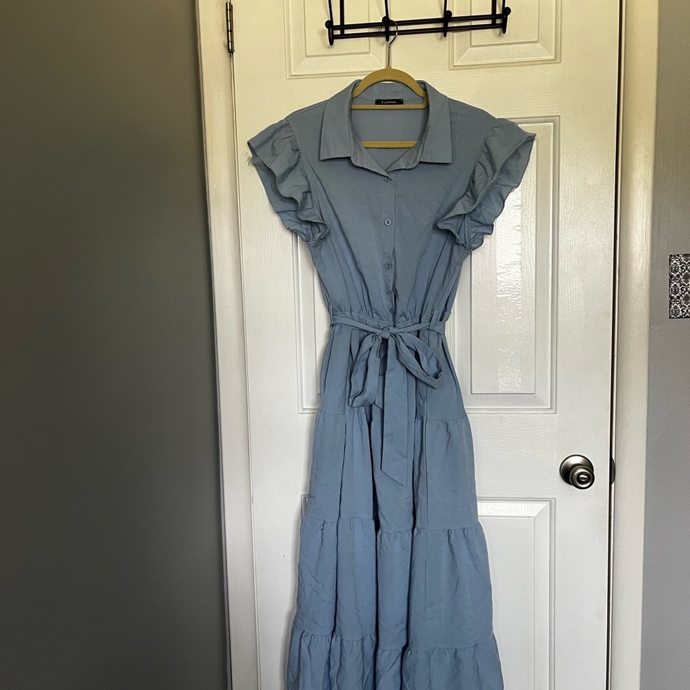 Elegant Light Blue Ruffle Sleeve Dress